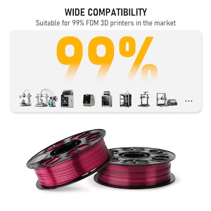 May include: Two black plastic spools wound with metallic magenta 3D printer filament. Above, a graphic displays the text WIDE COMPATIBILITY, the phrase Suitable for 99% FDM 3D printers in the market, a large yellow 99% symbol, and icons of various 3D printers.
