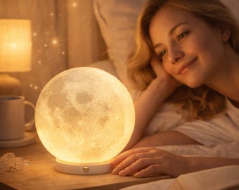 3D gedruckte Mondlampe mit Touch-LED-Basis, realistisches Mondnachtlicht, USB-C-betrieben, Weltraumdekorgeschenk