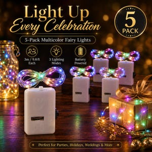 5 Pack Multicolor Fairy Lights, 3m Battery Operated LED String Lights, Colorful Twinkle Lights for Party Decor, Gift Box, DIY Home Decor