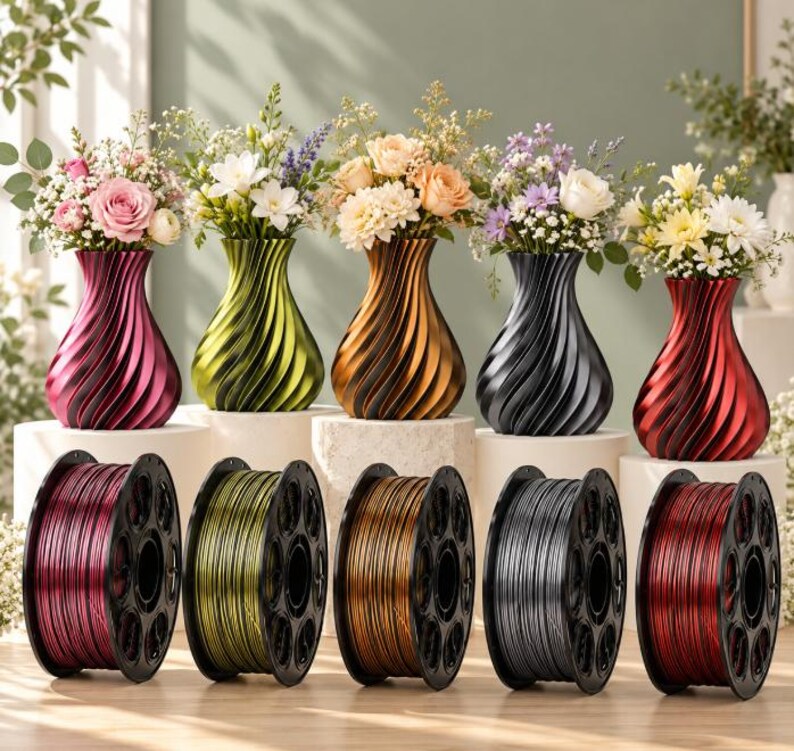 May include: Five spiraled vases in metallic magenta, lime green, bronze, charcoal, and red, each holding a bouquet of flowers. Below each vase sits a matching spool of 3D printer filament in the same metallic color, showing the material used.