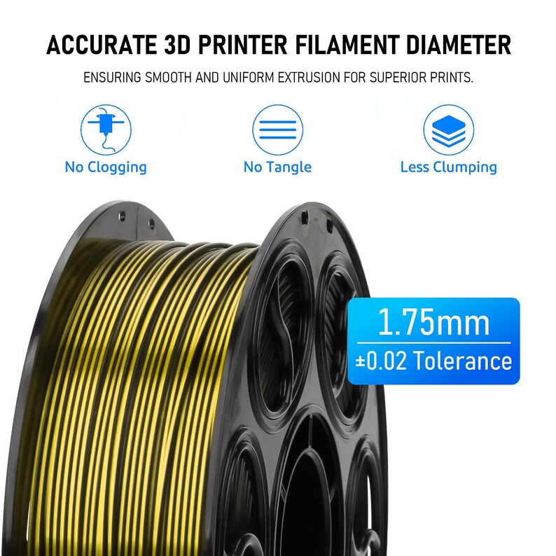 May include: A spool of metallic gold 3D printer filament with a black plastic reel. Text reads: ACCURATE 3D PRINTER FILAMENT DIAMETER, ENSURING SMOOTH AND UNIFORM EXTRUSION FOR SUPERIOR PRINTS, No Clogging, No Tangle, Less Clumping, 1.75mm &plusmn;0.02 Tolerance.
