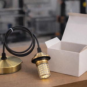 May include: A brass-colored pendant light fixture with a black cord and a white box. The light fixture has a round base and a bulb housing with a clear, LED-style bulb. The box is open and empty.