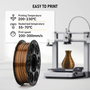 May include: A spool of metallic copper 3D printer filament with a black plastic core. An information box displays: EASY TO PRINT, Printing Temperature: 200~230&deg;C, Heated bed temperature: 55~70&deg;C, and Print speed: 200~300mm/s. A 3D printer is in the background.