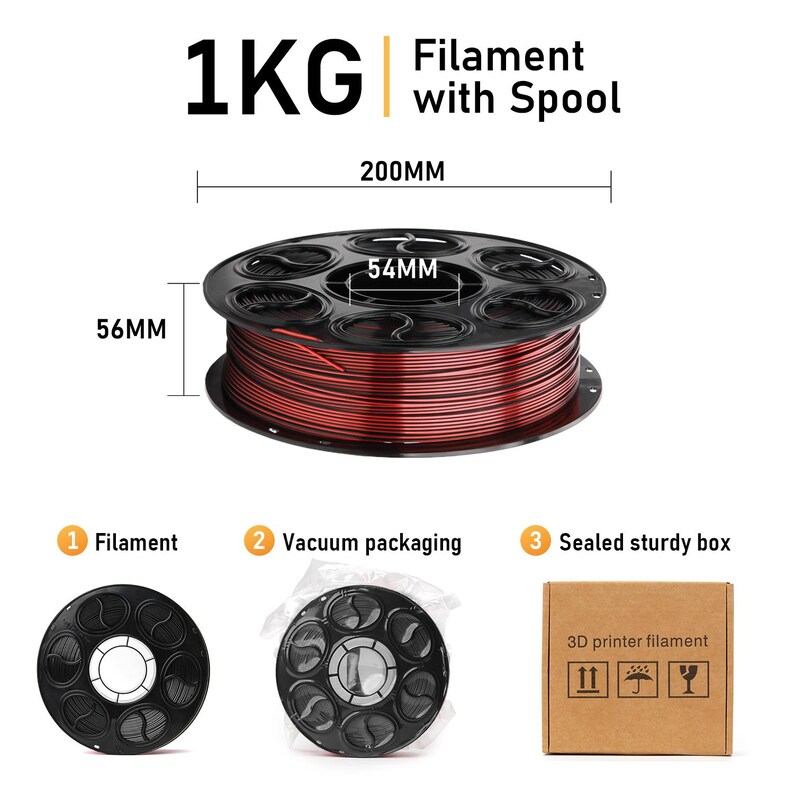 May include: A 1kg spool of red 3D printer filament with a 200mm diameter, 56mm height, and 54mm center hole. The image displays the filament, vacuum packaging, and a cardboard box labeled 3D printer filament with shipping icons.