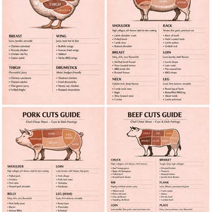May include: A four-part educational poster on a light pink background featuring illustrations of a chicken, lamb, pig, and cow. Each section is titled with the animal name and includes labelled diagrams of meat cuts with lists of dishes and pairings.