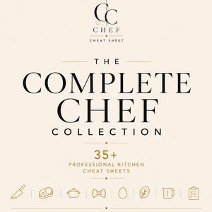 May include: A cream-colored informational graphic titled The Complete Chef Collection, featuring the CC Chef logo and the text 35+ Professional Kitchen Cheat Sheets. Below the text are eight gold-colored line icons representing kitchen items.