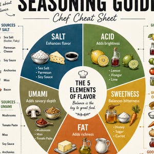 May include: A culinary infographic titled The Ultimate Seasoning Guide Chef Cheat Sheet. It features a central color-coded wheel detailing the five elements of flavor: salt, acid, sweetness, fat, and umami, with lists of food sources and a fix any dish chart.