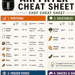 May include: An Air Fryer Cheat Sheet chart featuring four color-coded sections for proteins, vegetables, frozen foods, and snacks. It includes cooking temperatures in Celsius, times in minutes, methods, and doneness indicators for various food items.