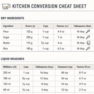 May include: A white kitchen conversion cheat sheet chart featuring tables for dry ingredients, liquid measures, and oven temperatures. The text includes headers for ingredient, grams, cups, ounces, tablespoons, milliliters, teaspoons, Celsius, and Fahrenheit.