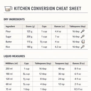 Tabla de conversión de recetas para cocina (imprimible en formato A4) / Guía práctica de cocina minimalista / Descarga digital / Guía de referencia para chefs
