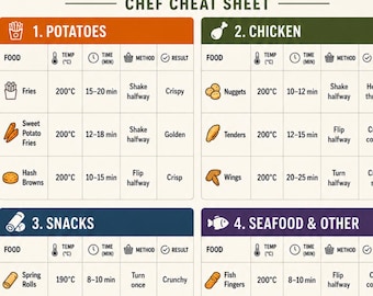 Air Fryer Frozen Foods Cheat Sheet | Printable Air Fryer Cooking Times | Frozen Food Cooking Guide | Kitchen Wall Art PDF