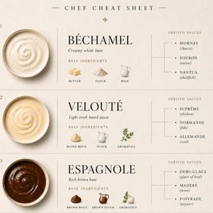 May include: A culinary chart titled Mother Sauces Chef Cheat Sheet listing five sauces: Béchamel, Velouté, Espagnole, Hollandaise, and Tomato. Each entry includes a bowl of the sauce, base ingredients, and a list of derived sauces with their components.
