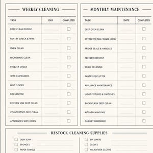 May include: A cream-colored kitchen cleaning checklist with black text and icons. It features sections for daily reset, weekly cleaning, monthly maintenance, and a restock list for supplies, all organized with checkboxes for tracking tasks.