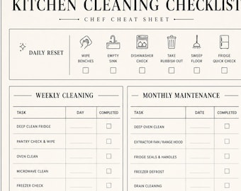 Kitchen Cleaning Checklist Printable | Weekly & Monthly Cleaning Planner | Chef Cheat Sheet