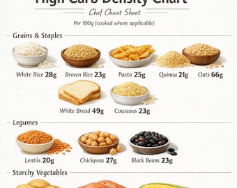 High Carb Density Chart, Chef Cheat Sheet, Kitchen Nutrition Poster