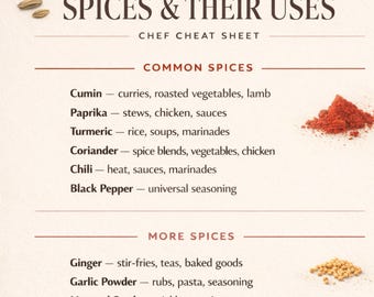 Minimalist Spices Guide Poster A4 | Chef Cheat Sheet Kitchen Wall Art | Spice Uses Chart