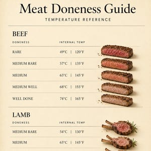 Könnte beinhalten: Ein Chef Cheat Sheet Meat Doneness Guide Poster auf cremefarbenem Papier. Es listet Innentemperaturen in Celsius und Fahrenheit für Rind, Lamm, Schwein und Huhn auf, ergänzt durch fotografische Abbildungen von Fleischstücken zur Veranschaulichung.