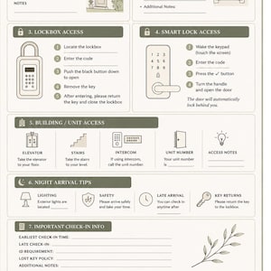 May include: A beige self check-in guide template with black text and line art icons. Sections include arrival, parking, lockbox access, smart lock access, building access, night arrival tips, and important check-in info with blank lines for notes.
