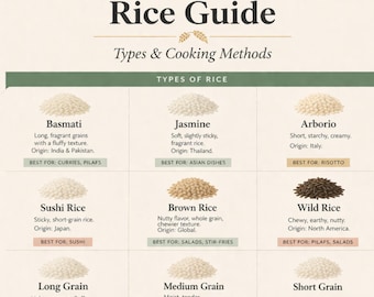 Rice Guide Poster – Types of Rice & Cooking Chart, Chef Cheat Sheet