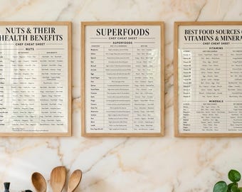 Nutrition Cheat Sheets Bundle | Nuts, Superfoods, Vitamins, Minerals Guide (Digital Download)