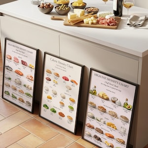 Può includere: Tre poster incorniciati intitolati High Protein Density Chart, Caloric Density Chart e High Fat Density Chart, ciascuno con illustrazioni di alimenti ed etichette nutrizionali, appoggiati contro un'isola da cucina con un tagliere di salumi.