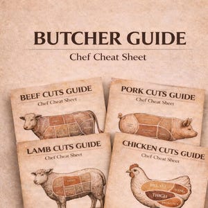 Butcher Guide-posterset, vintage spiekbriefje van de chef, tabel met vleesdelen (digitale download)