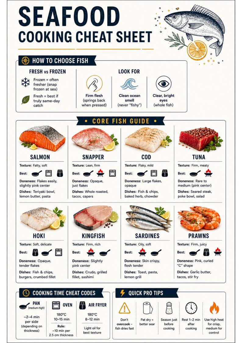 Seafood Cooking Cheat Sheet Printable | Fish Preparation & Cooking ...