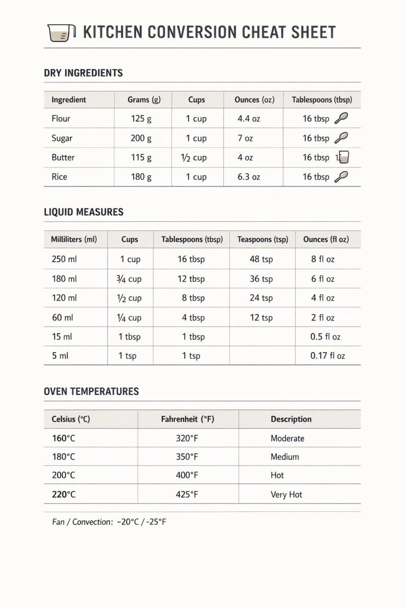 Kitchen Conversion Chart Printable A4 | Minimalist Cooking Cheat Sheet ...