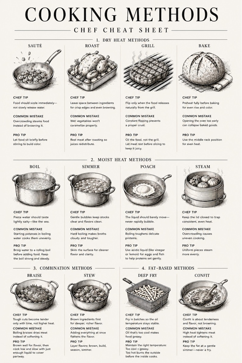 Cooking Methods Cheat Sheet Printable Wall Art | Professional Chef ...