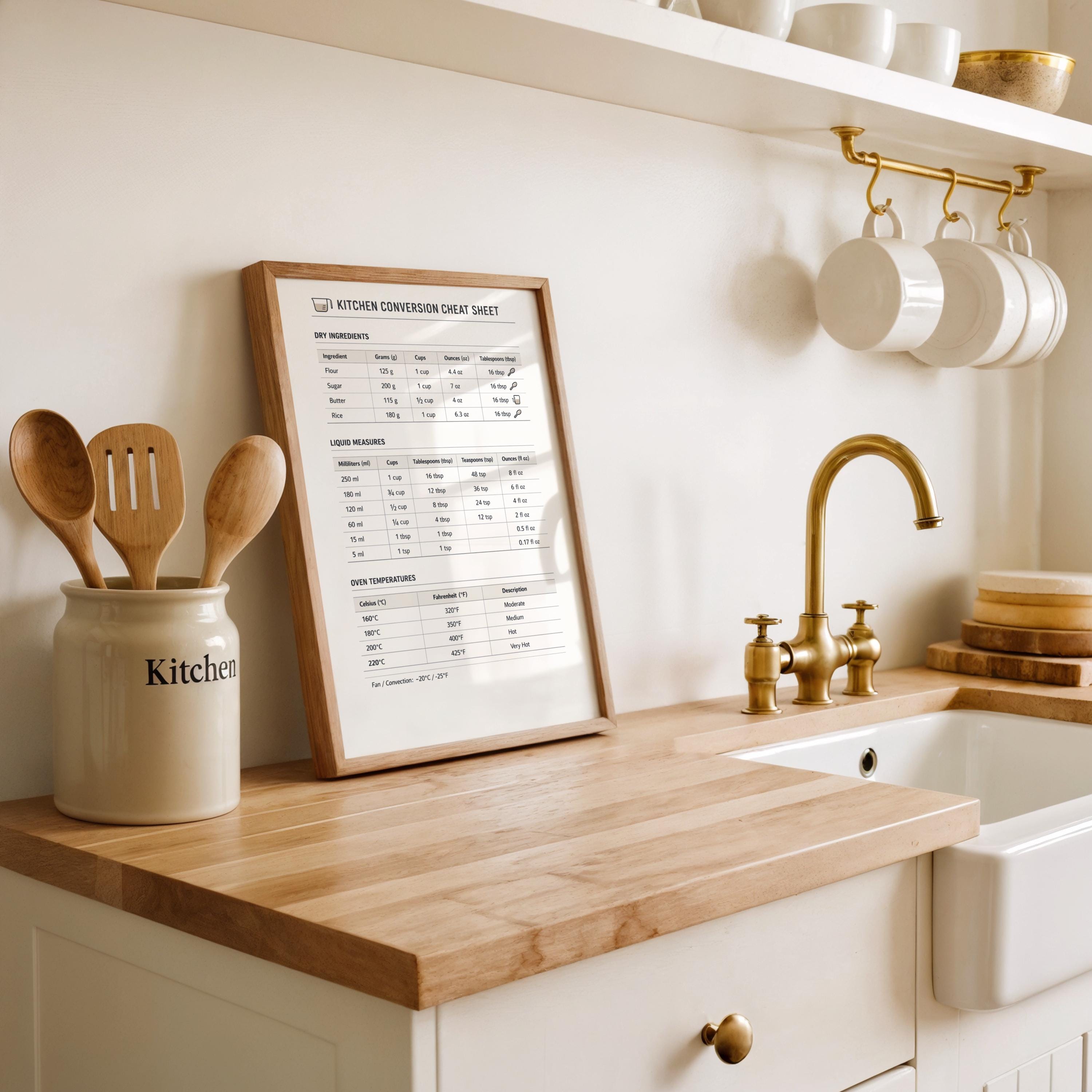 Kitchen Conversion Chart Printable A4 | Minimalist Cooking Cheat Sheet ...