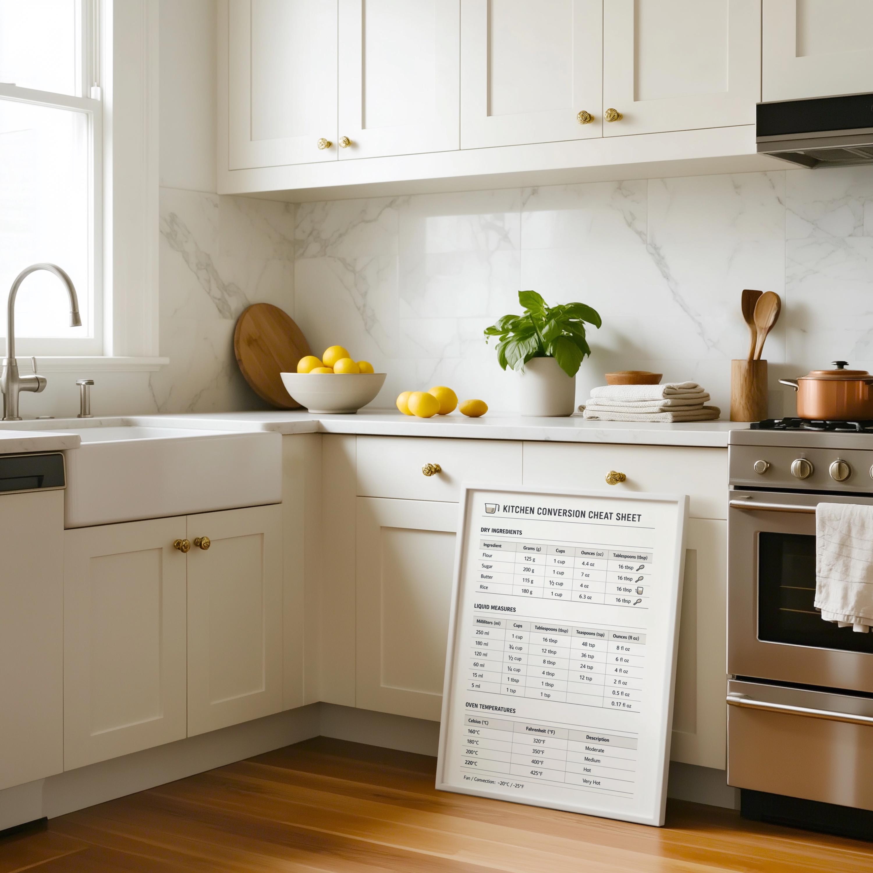 Kitchen Conversion Chart Printable A4 | Minimalist Cooking Cheat Sheet ...