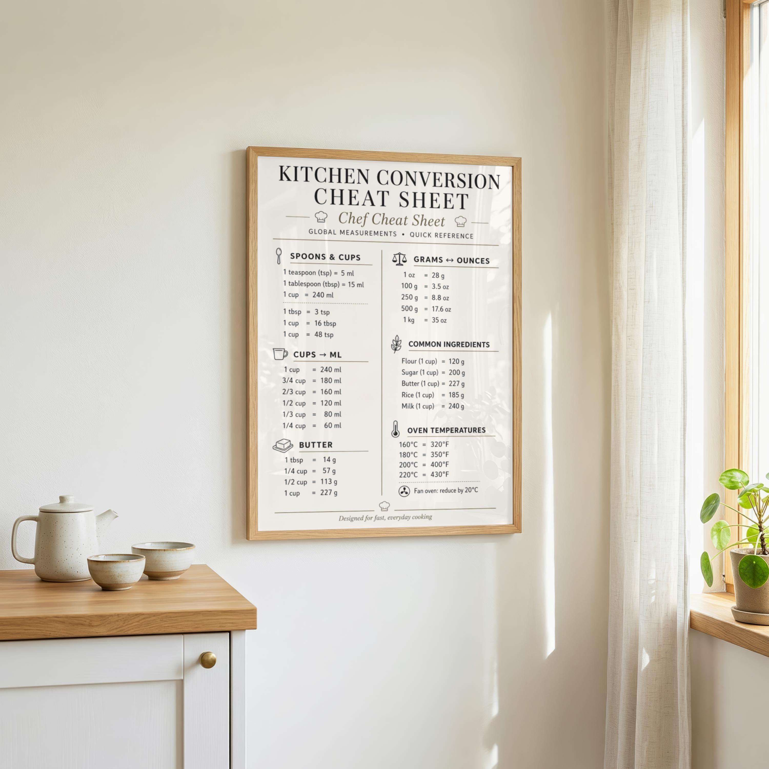Kitchen Conversion Chart, Chef Cooking Guide, Metric Imperial (PDF ...
