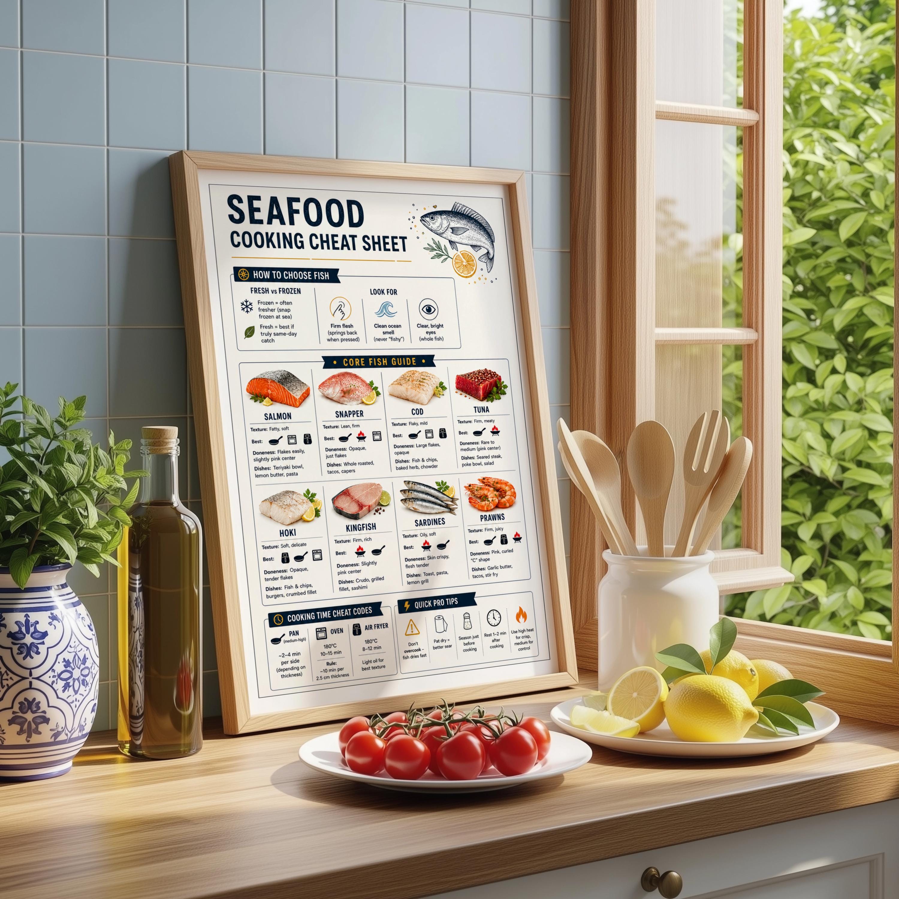 Seafood Cooking Cheat Sheet Printable | Fish Preparation & Cooking ...
