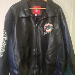 Vintage NFL G-III Faux Leather Jacket Miami Dolphins Mens XL Embroidered Patches