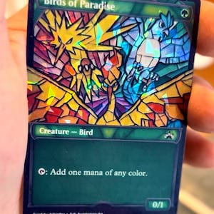Puede incluir: Una carta coleccionable con una ilustración de vidriera de tres pájaros en amarillo, rojo y azul. La carta se titula "Birds of Paradise" e incluye el texto "Creature - Bird" y "Add one mana of any color."