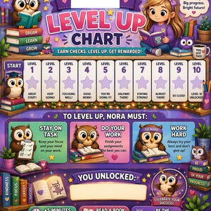 May include: A colorful "Level Up Chart" with an owl theme. The chart features levels, stars, and motivational phrases. A girl reads a book, and owls are depicted studying and working. The chart encourages positive behavior and rewards.
