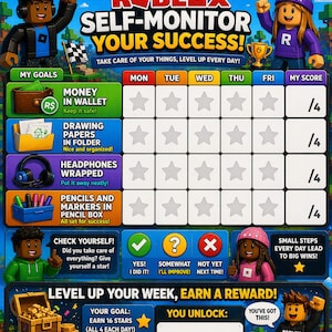 Peut inclure: Tableau de suivi Roblox coloré. Il comprend des sections pour suivre les objectifs tels que l'argent dans un portefeuille, les papiers à dessin dans un dossier, les écouteurs rangés et les crayons dans une boîte. Système de récompense hebdomadaire.
