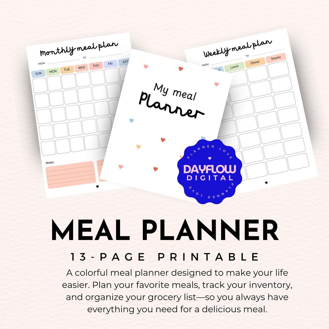 Colorful Meal Planner Printable, Weekly & Monthly Organizer Digital PDF ...