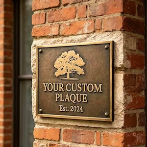 Puede incluir: Placa rectangular de bronce con diseño de árbol y las palabras "YOUR CUSTOM PLAQUE Est. 2024" montada en una pared de ladrillo. La placa está asegurada con cuatro tornillos y tiene un fondo marrón oscuro.