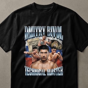 May include: Black t-shirt featuring a graphic of Dmitry Bivol, with the text "Dmitry Bivol Technical Master." The design includes images of Bivol and the Russian flag. The shirt has a crew neck and short sleeves.