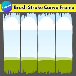 Puede incluir: Un gráfico de Canva con un diseño de pincelada. La obra de arte presenta cuatro paneles verticales con un paisaje: cielo azul, nubes blancas y colinas verdes. Se muestra el texto "Brush Stroke Canva Frame".