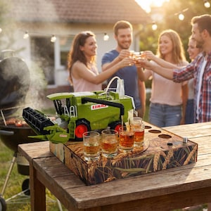 Puede incluir: Una cosechadora de juguete verde y negra con ruedas rojas, montada sobre una bandeja de madera con vasos de chupito. La bandeja tiene un patrón de camuflaje. La gente está brindando en el fondo.
