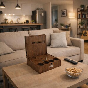 May include: A dark brown wooden box with an open lid, designed to hold glasses and bottles. It sits on a light brown table, with a bowl of snacks and a remote control. The box has several circular compartments.