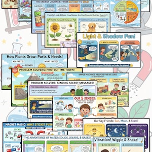Peut inclure: Affiches éducatives pour enfants sur des sujets scientifiques. Les sujets comprennent les parties du corps des animaux, les matériaux terrestres, la croissance des plantes, la lumière et les ombres, les machines simples et le cycle de l'eau. Illustrations et texte colorés.