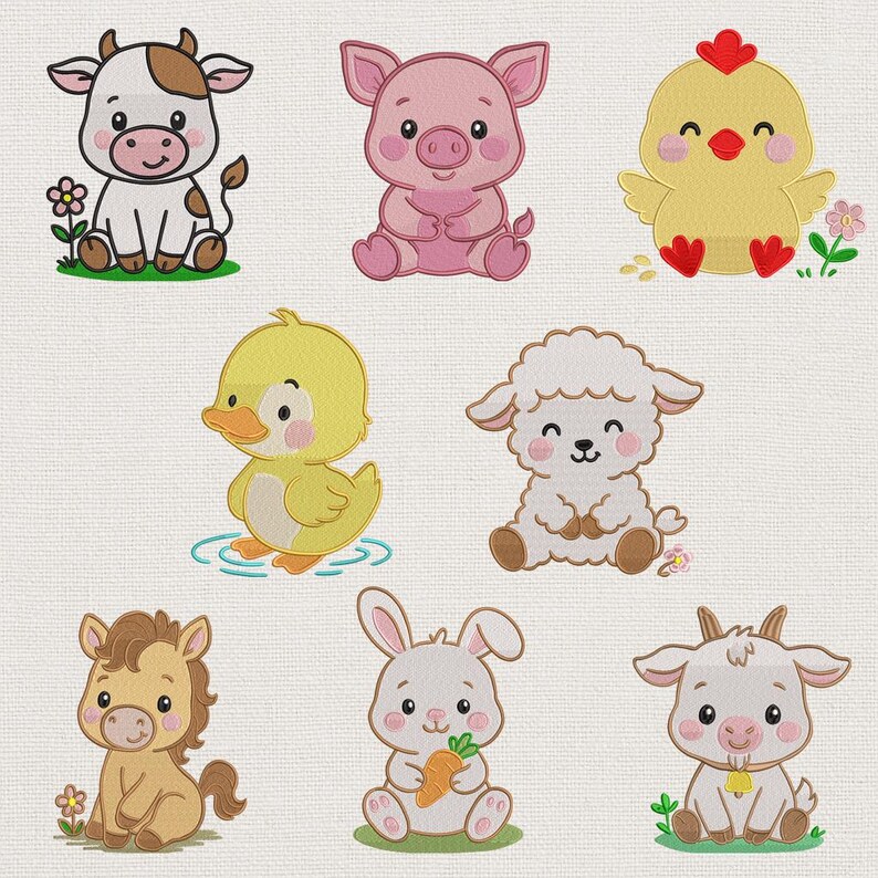 Farm Animals Embroidery Design Bundle, Cute Cow Pig Sheep Chicken Horse ...