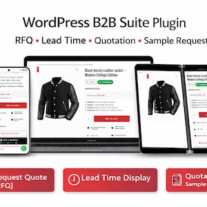 Peut inclure: Présentation numérique d'une veste en cuir noire de style universitaire sur ordinateur portable, smartphone et tablette. Les appareils affichent les détails et options du produit. Le texte "WordPress B2B Suite Plugin" et "RFQ • Lead Time • Quotation • Sample Request" sont visibles.