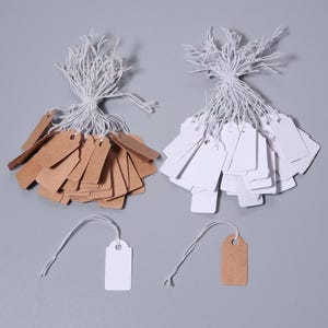 May include: Two large bundles of rectangular tags, one in brown kraft paper and one in white cardstock, each featuring a pre-punched hole and attached white string. Two individual tags, one white and one brown, are positioned below the bundles.