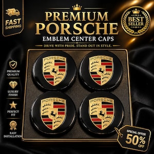 May include: A set of four black Porsche emblem center caps. Each cap features the Porsche logo in red, gold, and black. The image includes text that reads "Premium Porsche Emblem Center Caps" and "Drive with Pride. Stand out in Style."