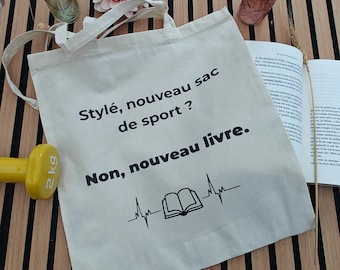 Tote bag humour lecture – Nouveau sac de sport ? Non nouveau livre – Cadeau lecteur – Sac coton book lover – Idée cadeau femme