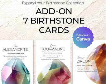 Add-On Birthstone Cards (7 Alternatives) | Printable Gemstone Meaning Cards | 5x7 Canva Template